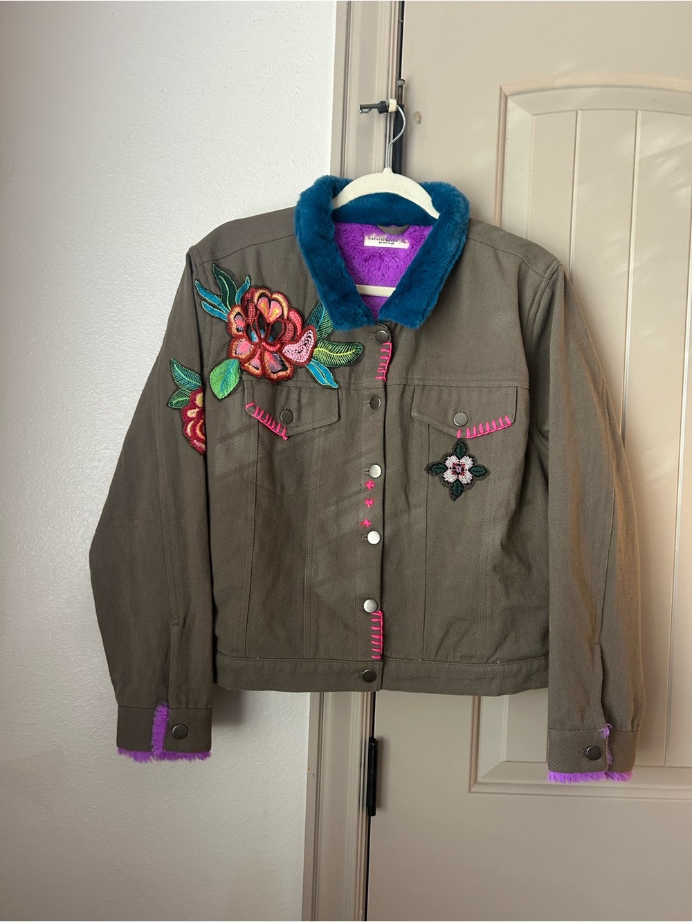 NATURAL LIFE Olive Jacket with Teal and Purple Faux-Fur Trim